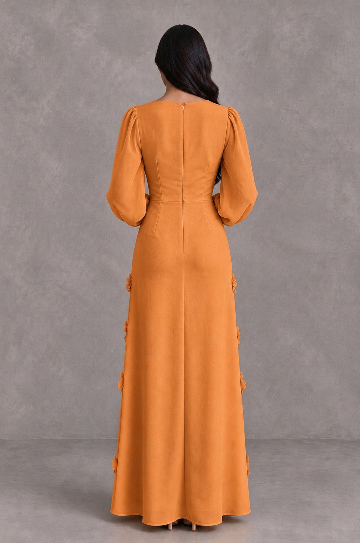 BOLODOO Orange Long Sleeve Floral Applique A-Line Evening Dress - Orange - Orange_2
