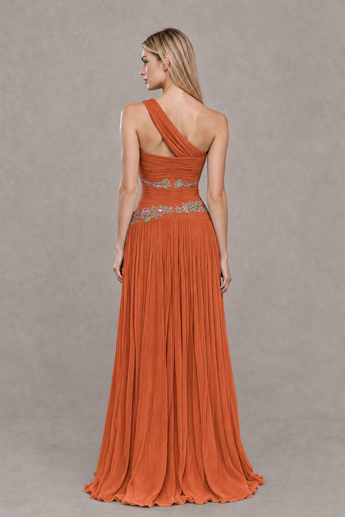 BOLODOO Orange One-Shoulder Floral Applique A-Line Evening Dress - Orange - Orange_2