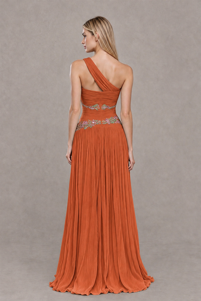 BOLODOO Orange One-Shoulder Floral Applique A-Line Evening Dress - Orange - Orange_2
