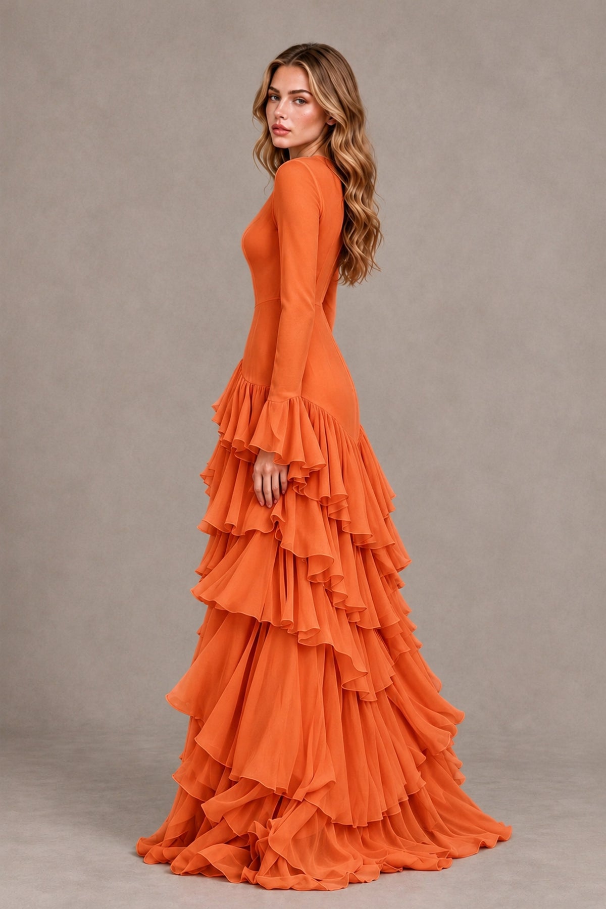 Orange Long Sleeve Tiered Ruffle Evening Gown - Orange - Orange_2