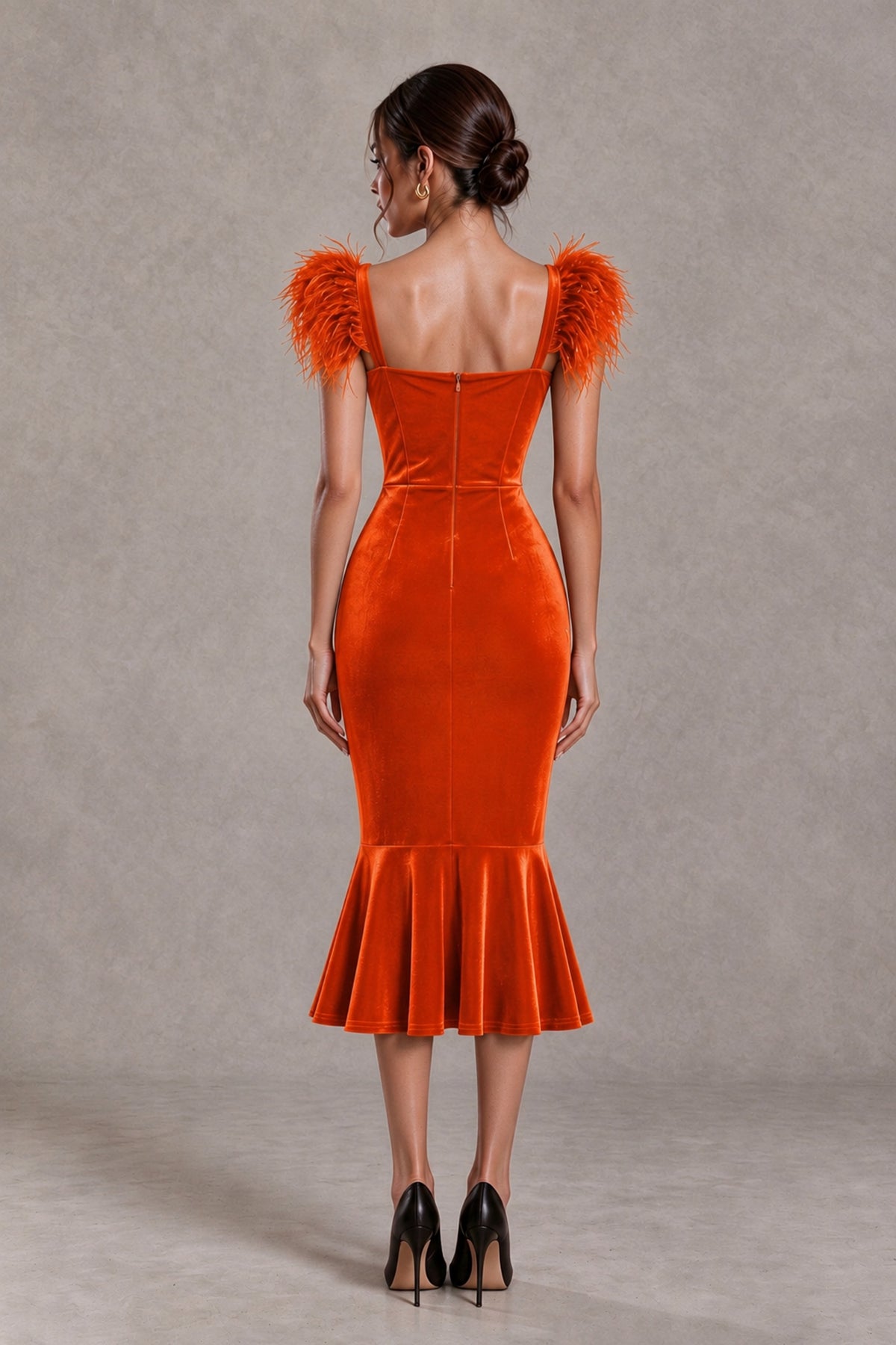 BOLODOO Orange Feather-Trim Velvet-Look Mermaid Midi Dress - Orange - Orange_2
