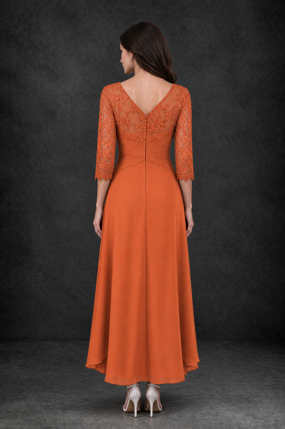 BOLODOO Orange Sequin Lace & Chiffon Tea-Length Mother of the Bride Dress with 3/4 Sleeves - Orange - Orange_2