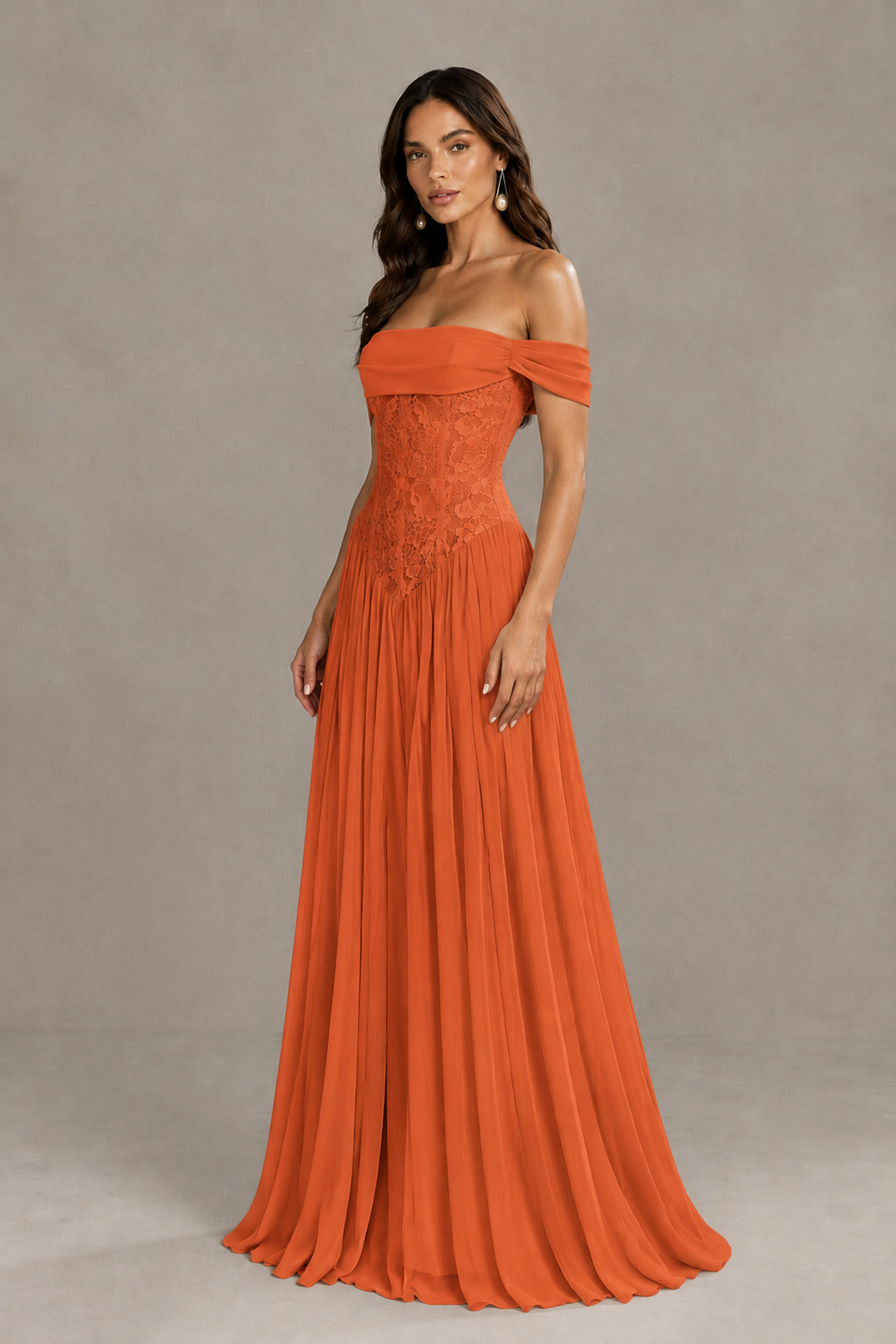 BOLODOO Orange Off-Shoulder Lace Corset Tulle Maxi Dress - Orange - Orange_2