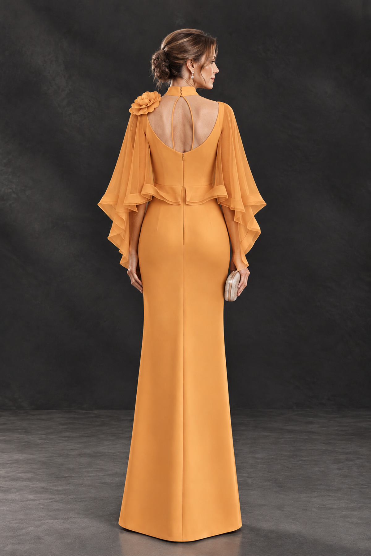 BOLODOO Orange Floral Cape Sleeve Mother of the Bride Dress - Orange - Orange_2