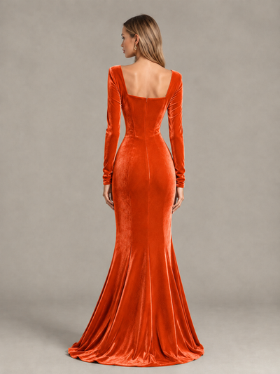 BOLODOO Orange Velvet-Look Square Neck Long Sleeve Mermaid Evening Dress - Orange - Orange_2