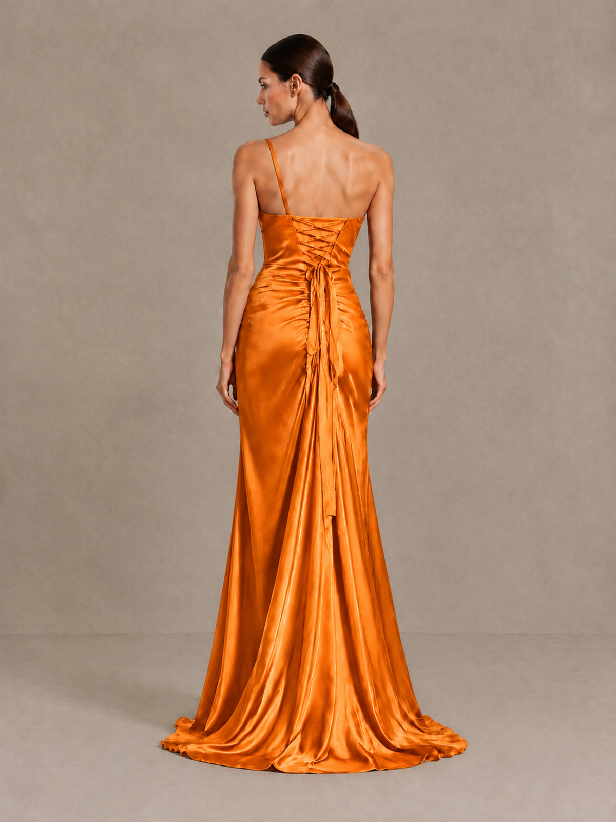 BOLODOO Orange One Shoulder Satin Evening Gown with High Slit and Sweep Train - Orange - Orange_2