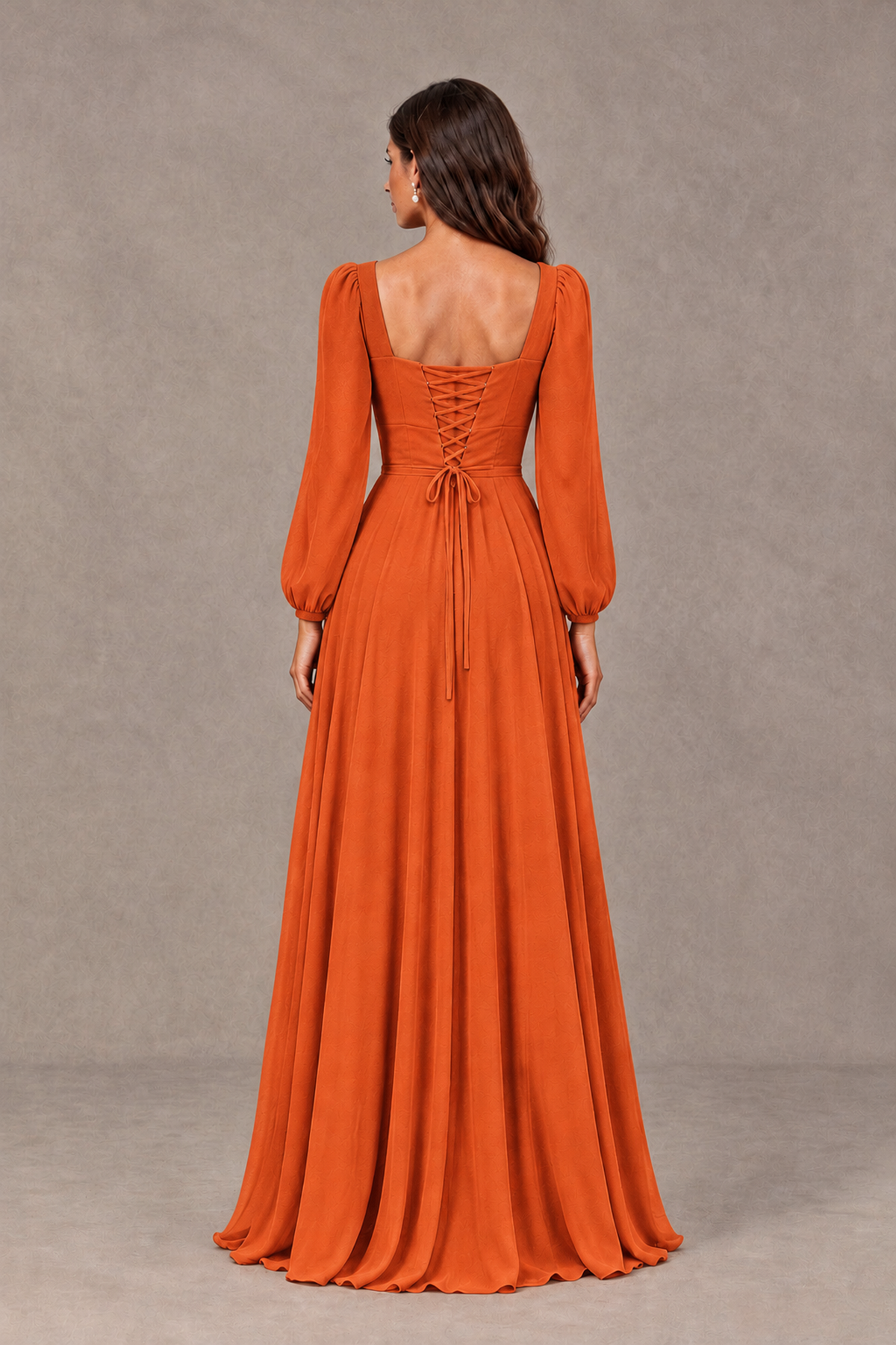 BOLODOO Orange Square Neck Long Sleeve A-Line Bridesmaid Dress - Orange - Orange_2