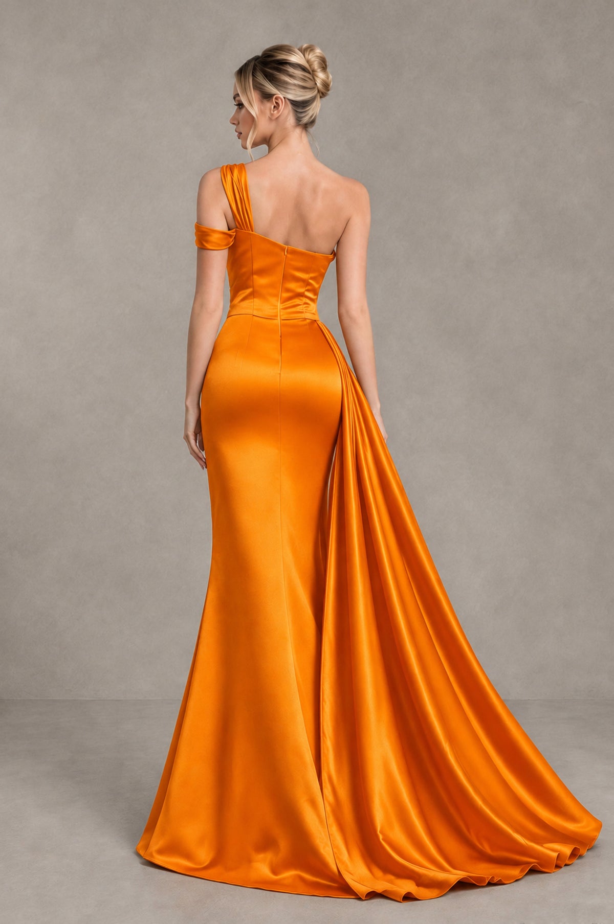 BOLODOO Orange Asymmetric Ruched Formal Evening Dress - Orange - Orange_2