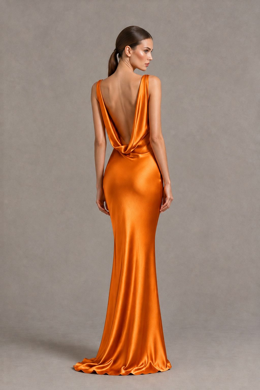 BOLODOO Orange Cowl Neck Backless Satin Mermaid Evening Dress - Orange - Orange_2