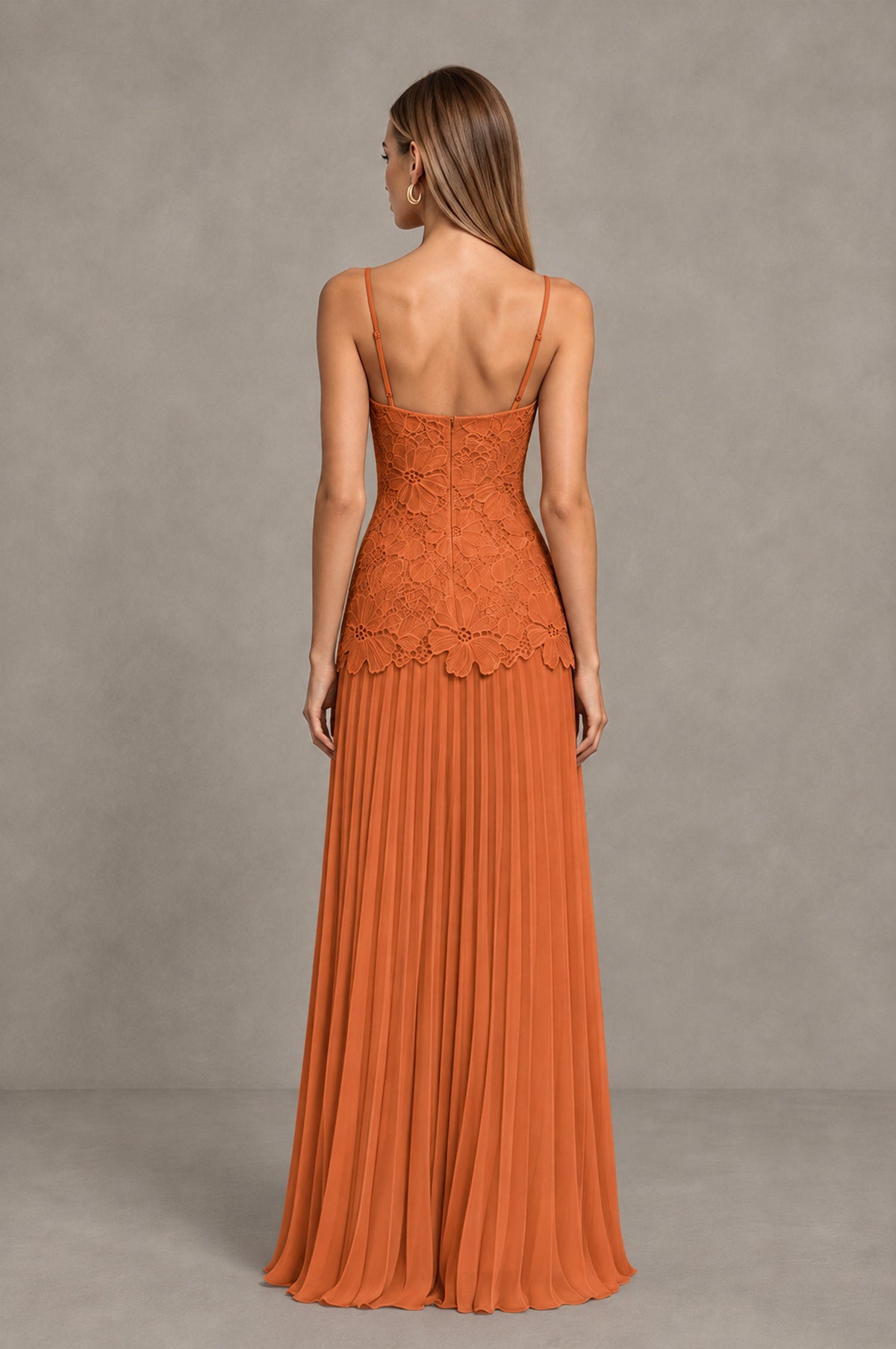 BOLODOO Orange Lace Bodice Pleated Wedding Guest Dress - Orange - Orange_2