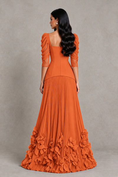 BOLODOO Orange Square Neck Pleated Floral Applique Evening Dress - Orange - Orange_2