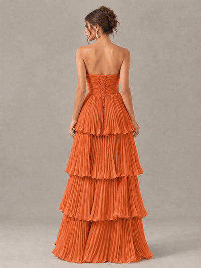 BOLODOO Orange Strapless Tiered Pleated Bridesmaid Dress - Orange - Orange_2