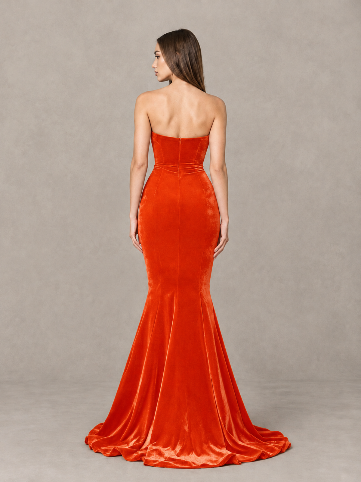 BOLODOO Orange Strapless Sweetheart Velvet-Look Mermaid Evening Dress - Orange - Orange_2