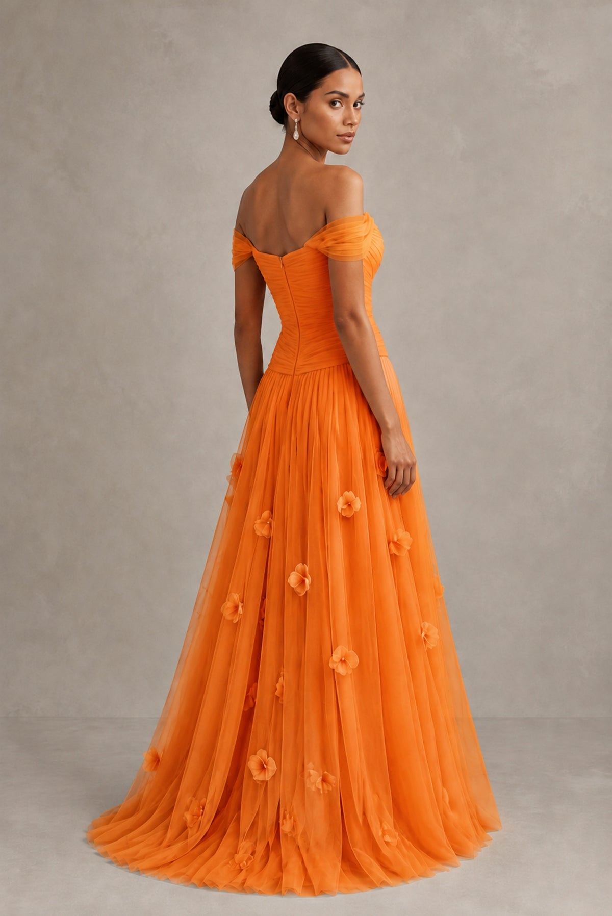 Orange Off-Shoulder Sweetheart A-Line Tulle Gown with 3D Floral Appliques | BOLODOO - Orange