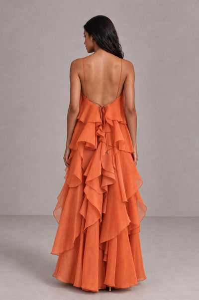BOLODOO Orange Cascading Ruffle Rosette Open-Back Maxi Dress - Orange - Orange_2