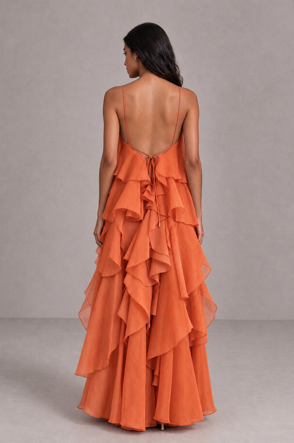 BOLODOO Orange Cascading Ruffle Rosette Open-Back Maxi Dress - Orange - Orange_2
