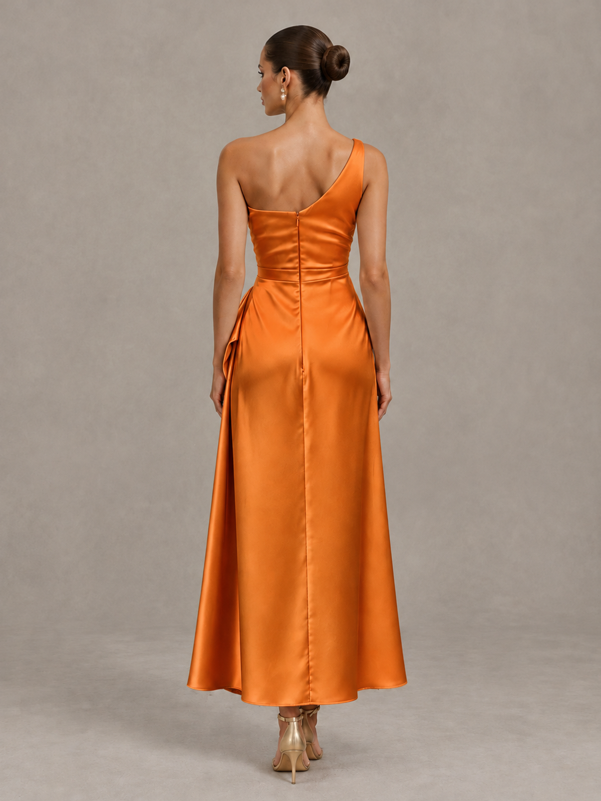 BOLODOO Orange One Shoulder Satin Cocktail Dress with Draped A-Line Skirt - Orange - Orange_2