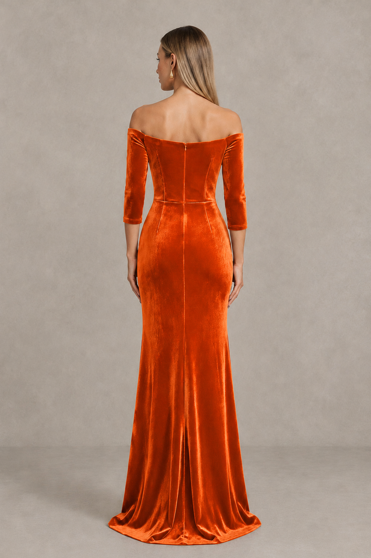 BOLODOO Orange Off-Shoulder Velvet Evening Dress with High Slit - Orange - Orange_2