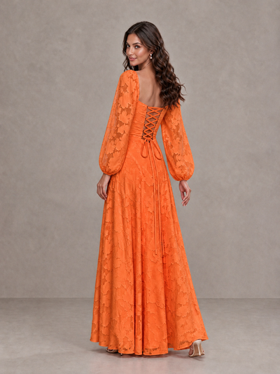 BOLODOO Orange Floral Long Sleeve A-Line Bridesmaid Dress - Orange - Orange_2