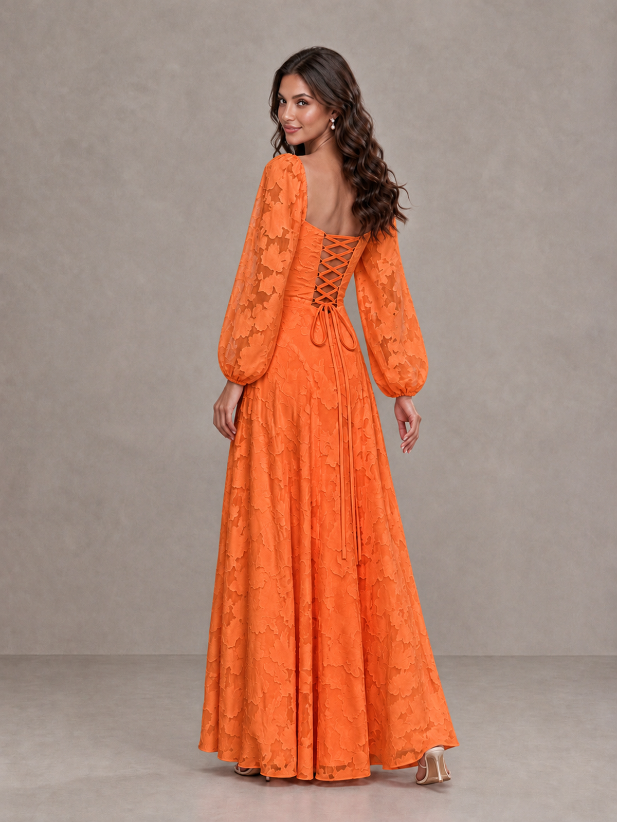 BOLODOO Orange Floral Long Sleeve A-Line Bridesmaid Dress - Orange - Orange_2