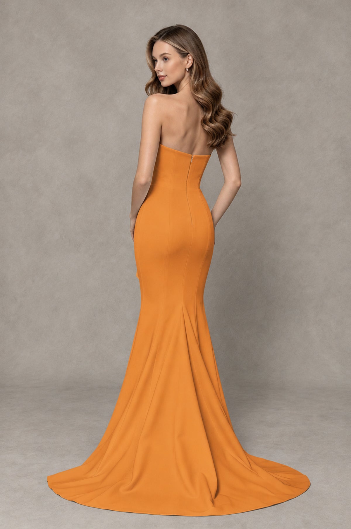 BOLODOO Orange Strapless Mermaid Evening Dress with Ruffle Slit and Train - Orange - Orange_2