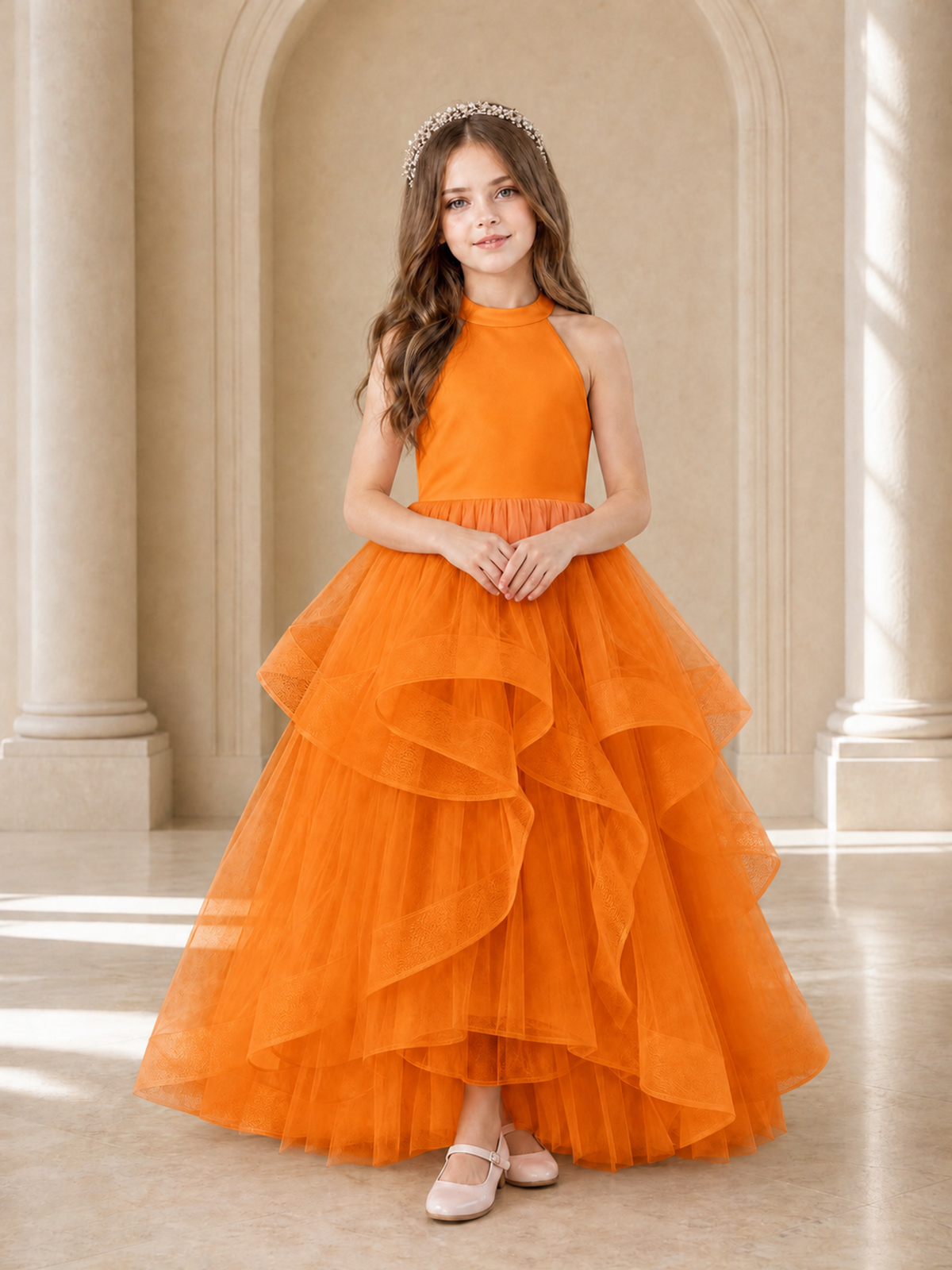 BOLODOO Orange Halter Tiered Tulle Flower Girl Dress with Bow Back - Orange - Orange_2