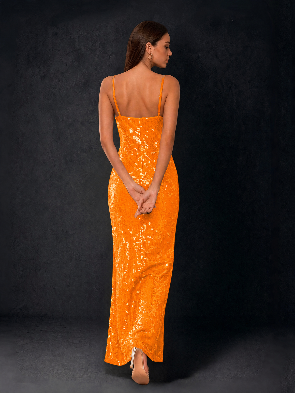 BOLODOO Bronze Sequin Cowl Neck Spaghetti Strap Mermaid Maxi Dress with Open Criss-Cross Back - Orange - Orange