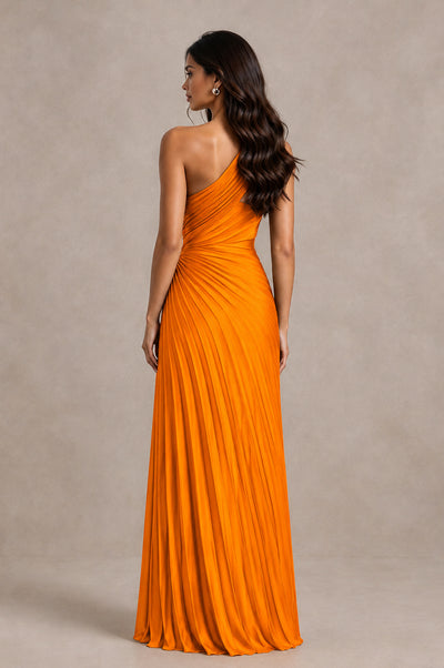 BOLODOO Orange One Shoulder Pleated Evening Dress with Ruched Waist and High Slit - Orange - Orange_2