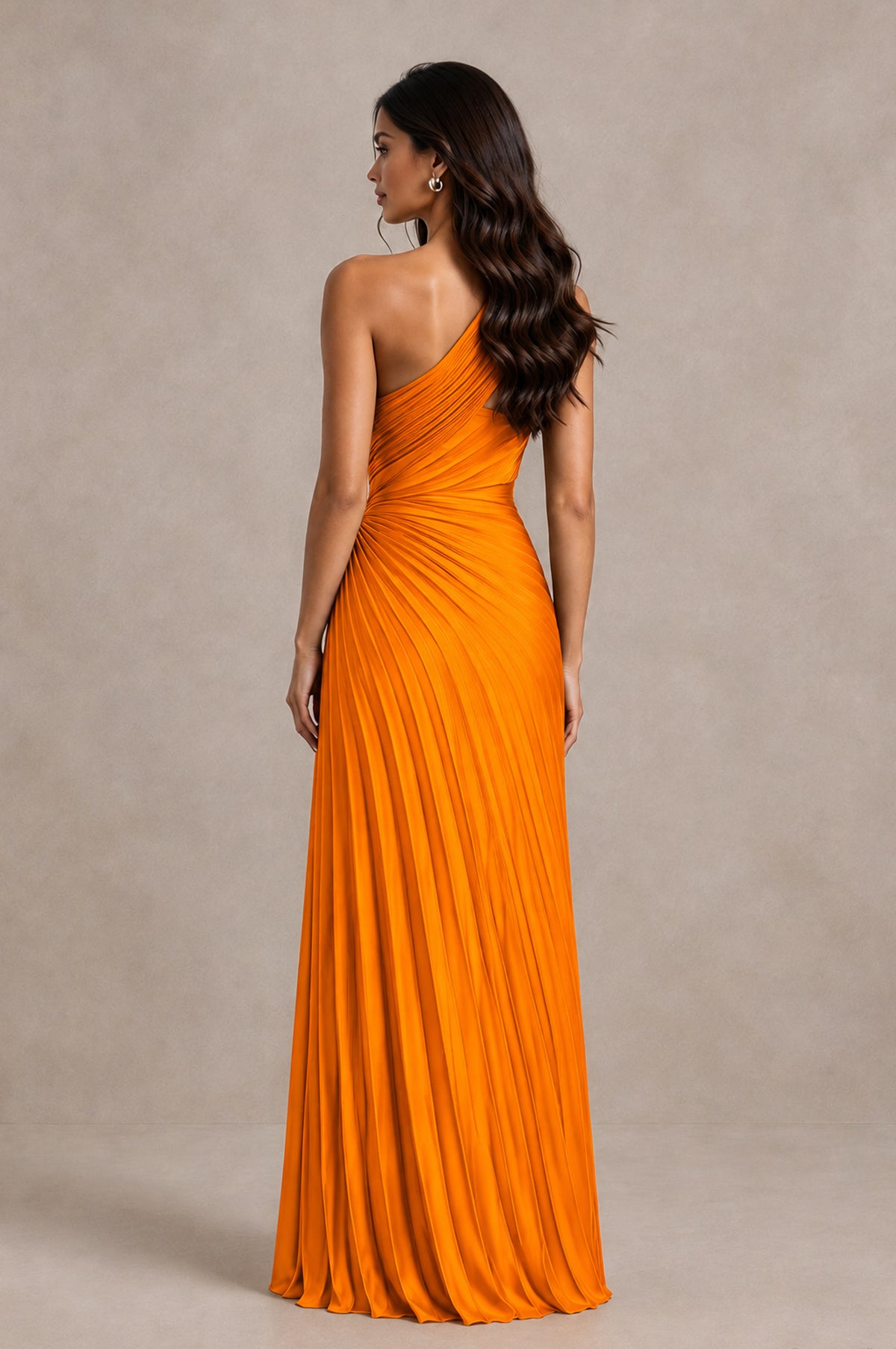 BOLODOO Orange One Shoulder Pleated Evening Dress with Ruched Waist and High Slit - Orange - Orange_2