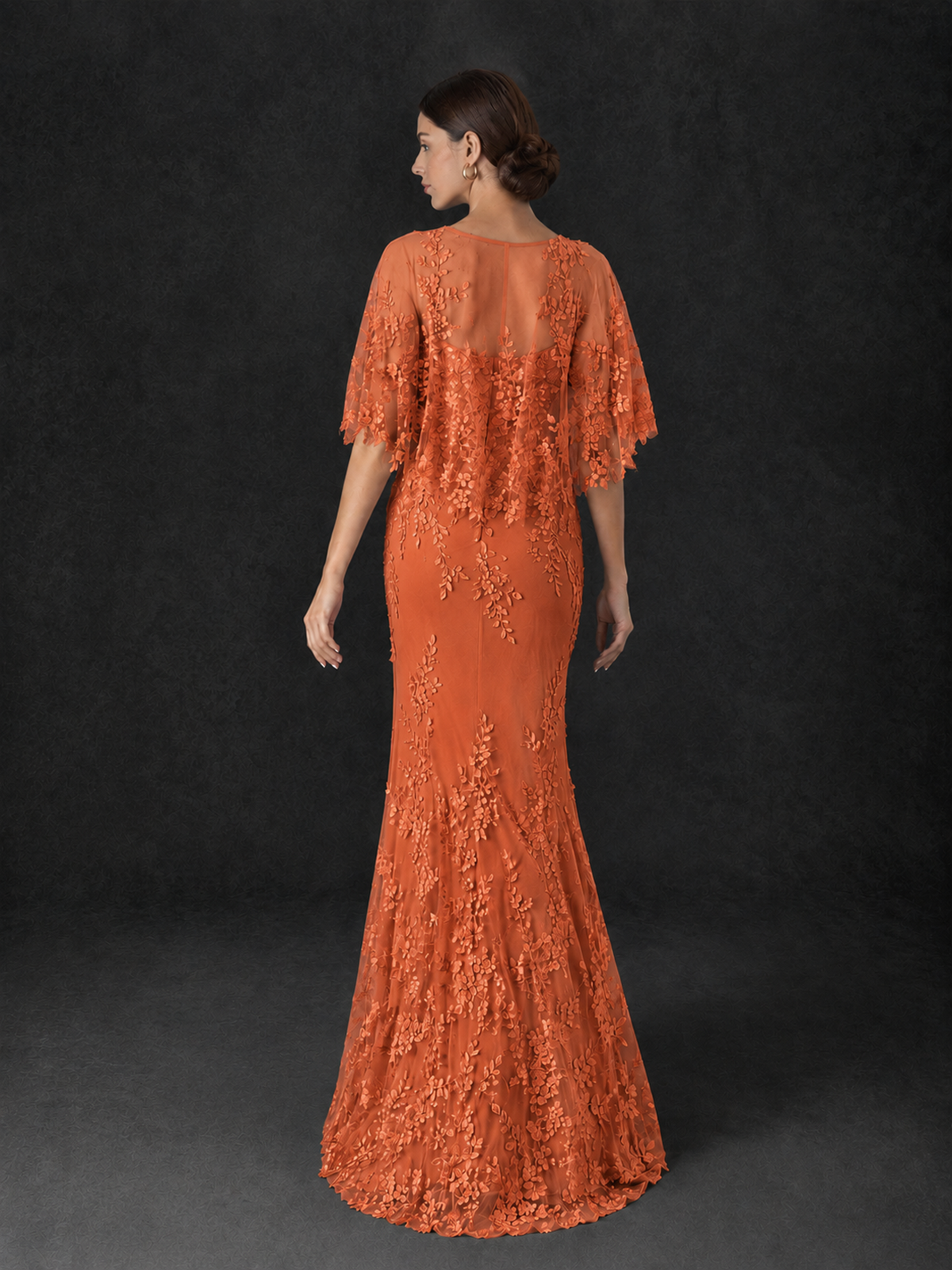 BOLODOO Orange Botanical Lace Flutter Sleeve Mermaid Gown - Orange - Orange_2