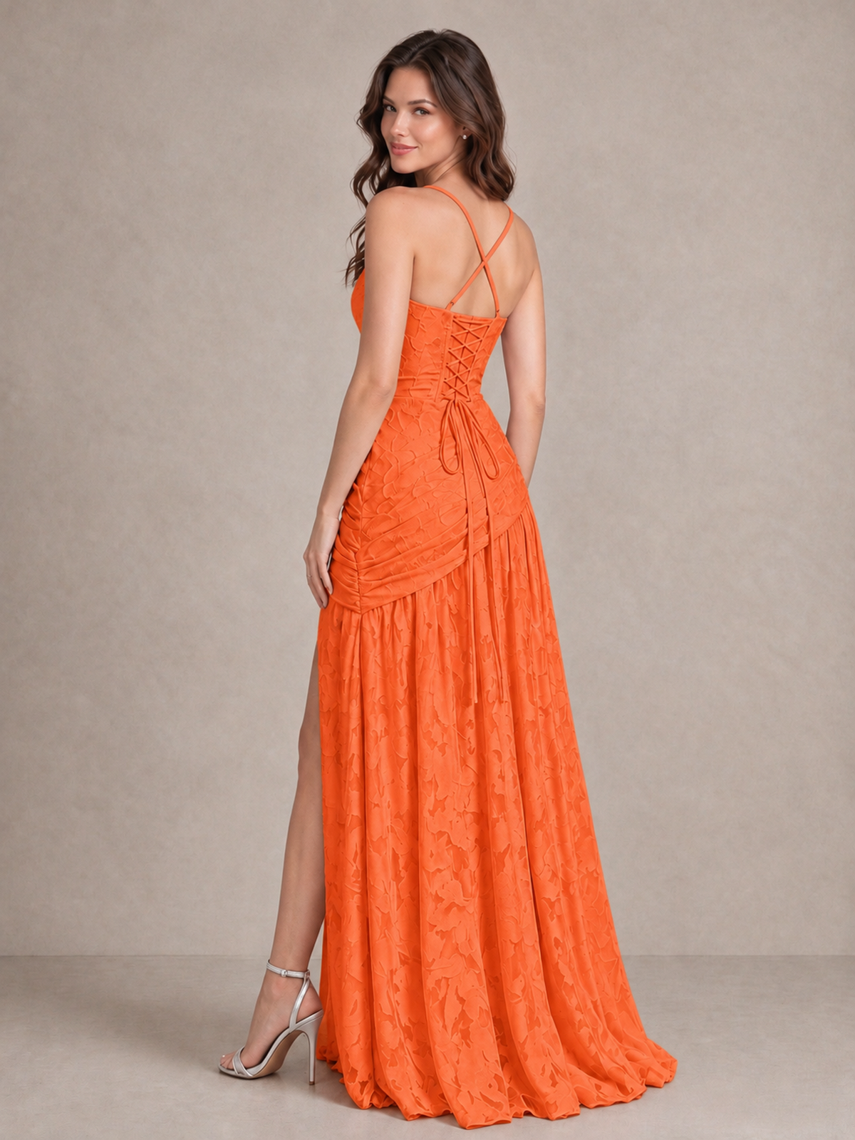 BOLODOO Orange Floral Jacquard Bridesmaid Dress with Square Neck, Lace-Up Back & High Slit - Orange - Orange_2