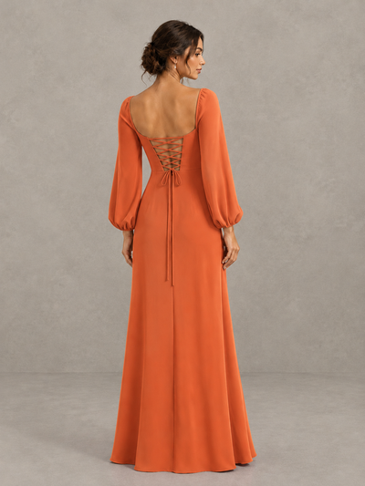 BOLODOO Orange Square Neck Long Sleeve Bridesmaid Dress with High Slit - Orange - Orange_2