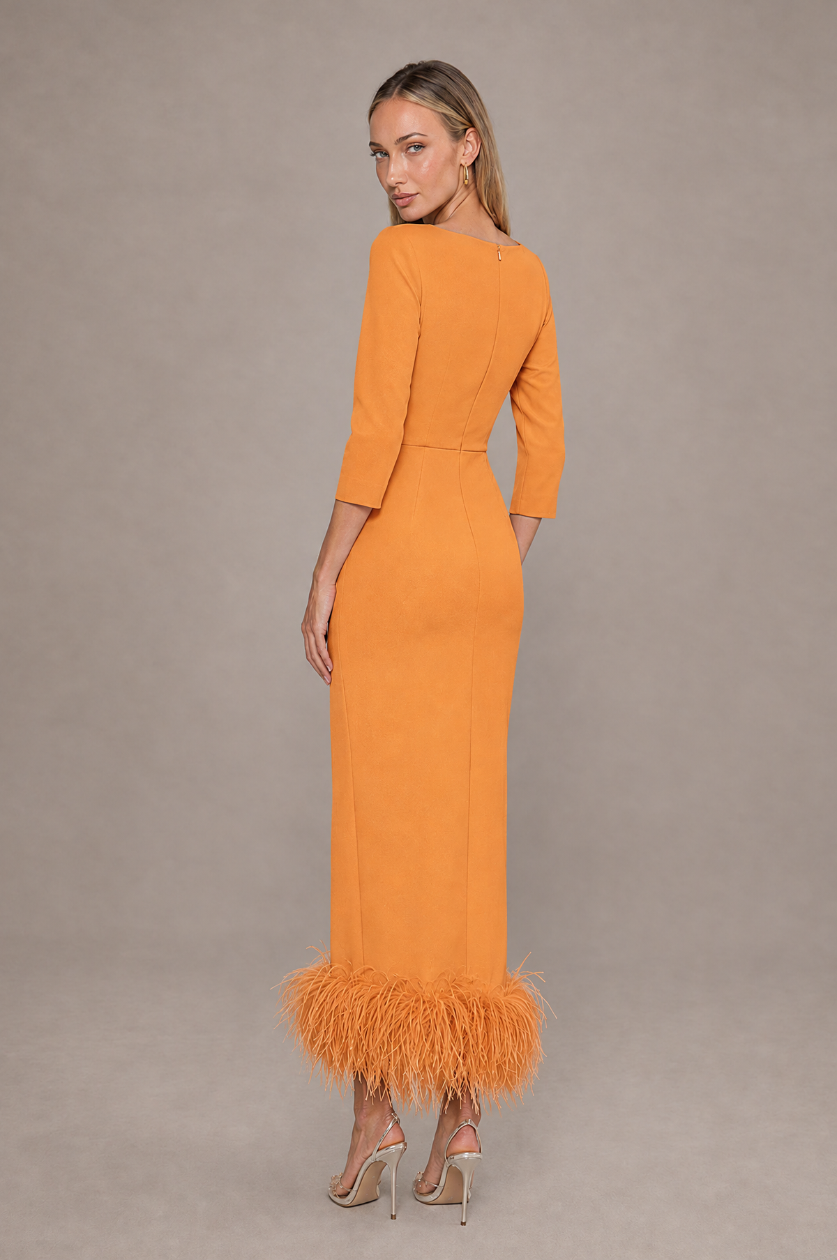 BOLODOO Orange Feather-Trim Twist-Waist Midi Dress - Orange - Orange_2