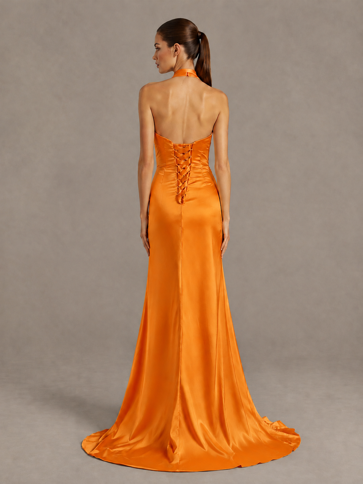 BOLODOO Orange Halter Satin Evening & Prom Dress with High Slit - Orange - Orange_2