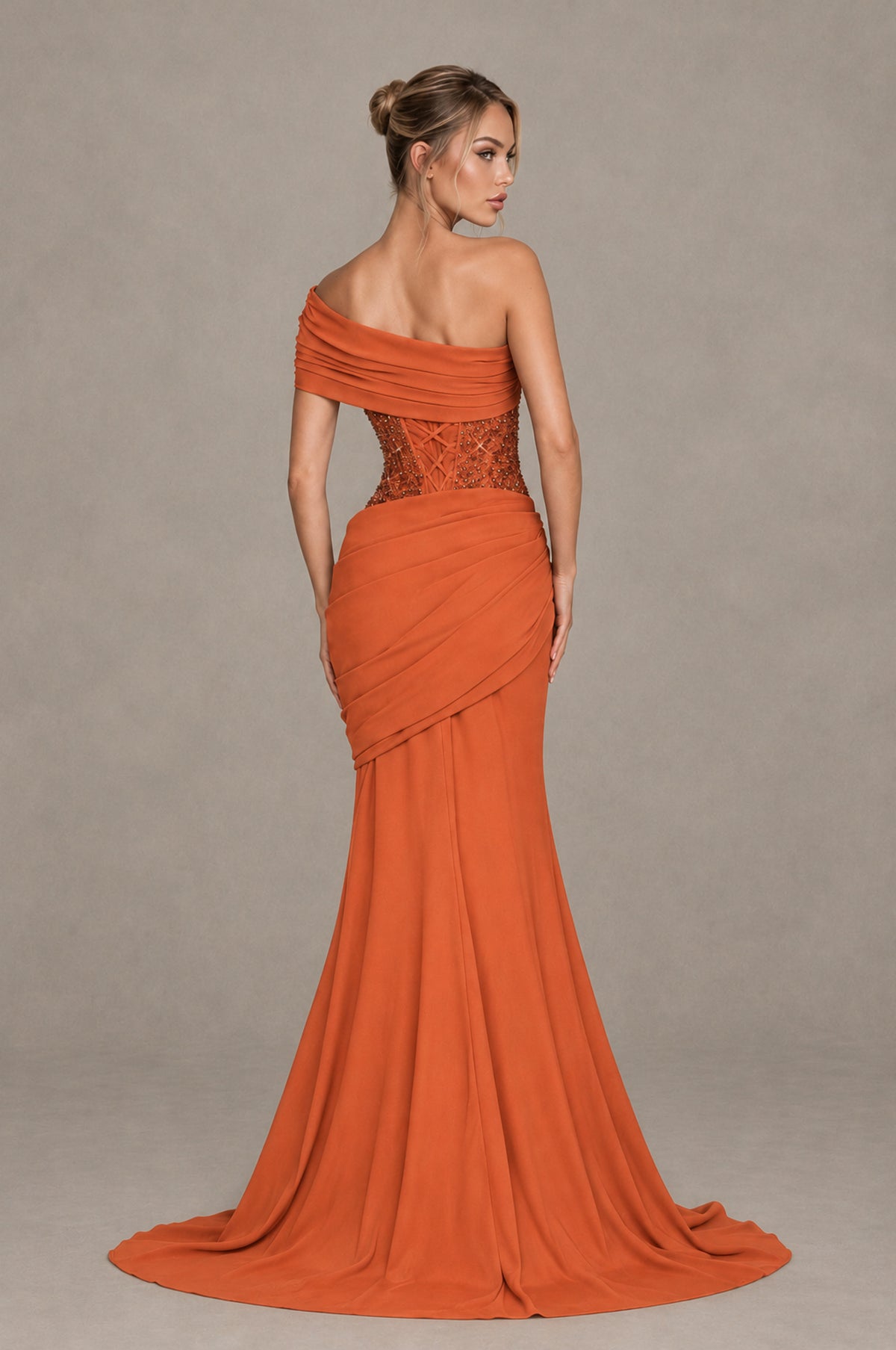 BOLODOO Orange One-Shoulder Sequin Embroidered Ruched Mermaid Gown with Train - Orange - Orange_2