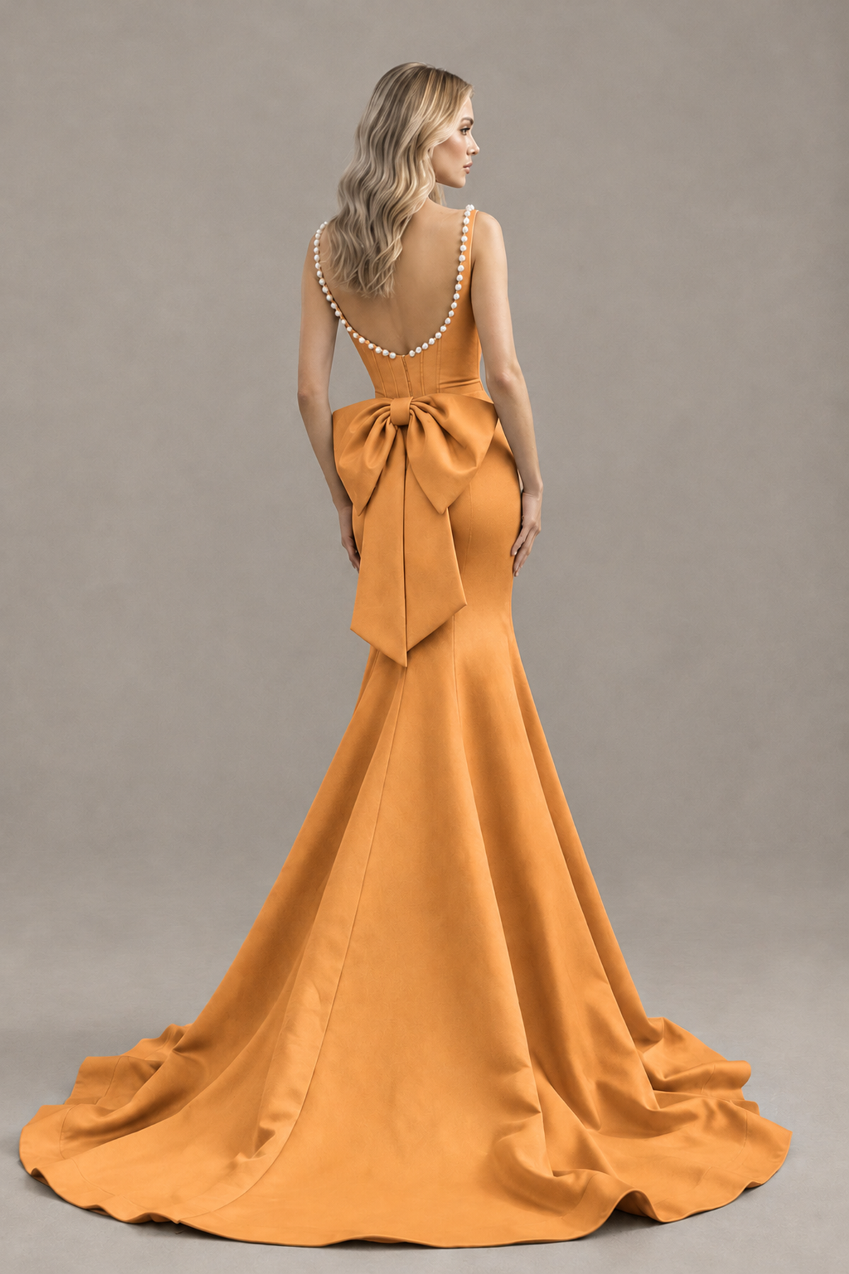 BOLODOO Orange Pearl-Trim Mermaid Prom Dress with Back Bow - Orange - Orange_2
