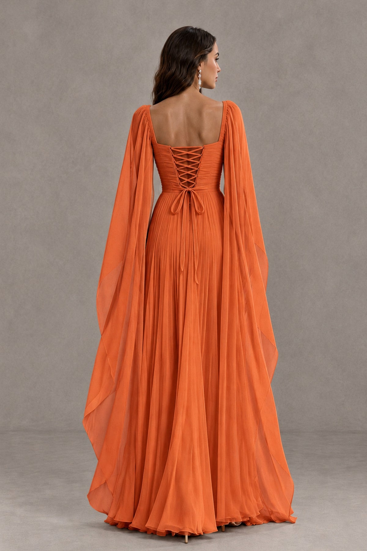 BOLODOO Orange Square Neck Cape Sleeve A-Line Evening Dress - Orange - Orange_2