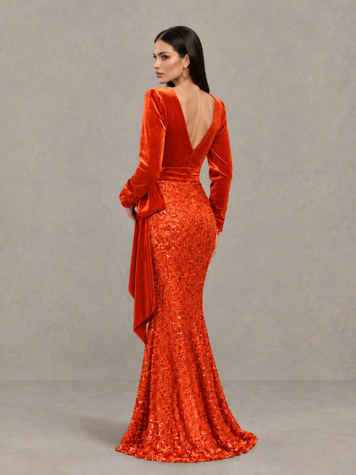 BOLODOO Orange Velvet & Sequin Long Sleeve V-Neck Mermaid Evening Gown - Orange - Orange_2