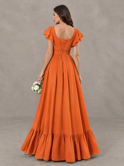 BOLODOO Orange Flutter Sleeve Bridesmaid Dress with Slit - Orange - Orange_2