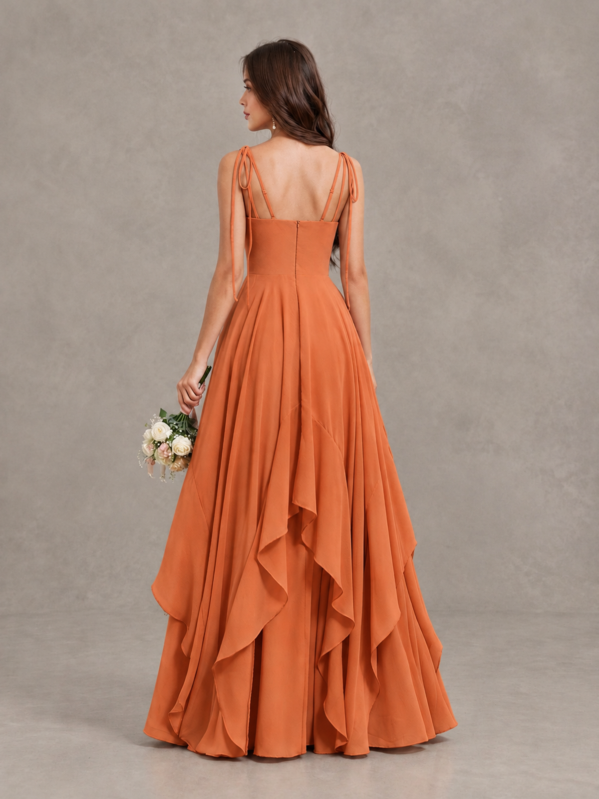 BOLODOO Orange Tie-Strap Ruffle A-Line Bridesmaid Dress - Orange - Orange_2