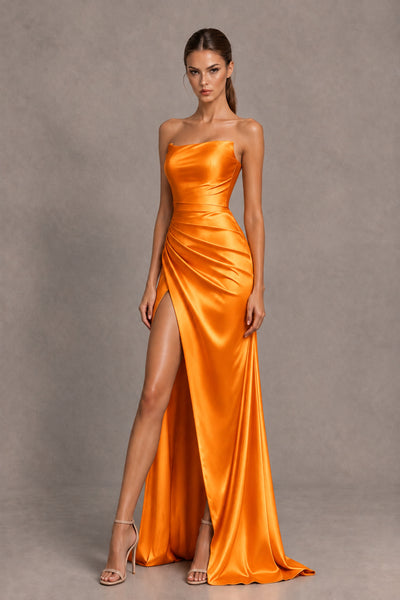 BOLODOO Orange Strapless Ruched Satin-Look Evening Dress with High Slit - Orange - Orange_2