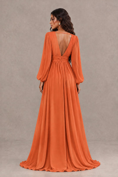 BOLODOO Orange Long Sleeve V-Neck A-Line Gown with Open Back & Slit - Orange - Orange_2