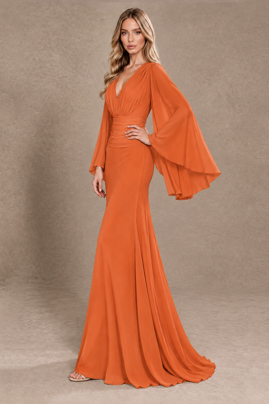 BOLODOO Orange Cape Sleeve V-Neck Ruched Chiffon Evening Dress - Orange - Orange_2
