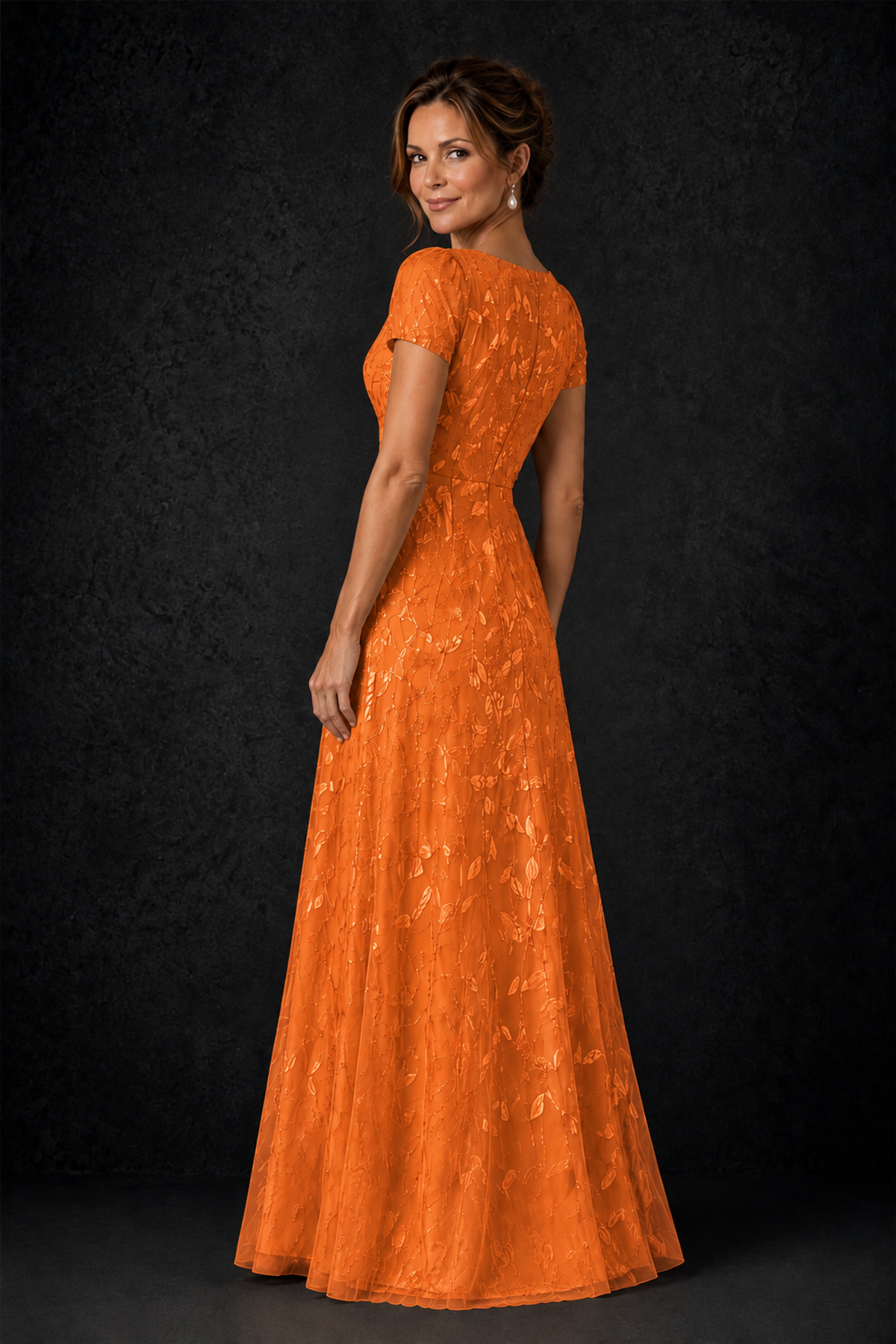 BOLODOO Orange Leaf Embroidered A-Line Formal Gown with Cap Sleeves - Orange - Orange_2