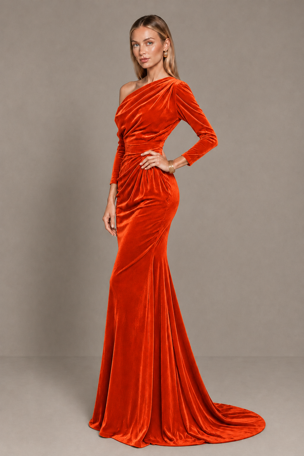 BOLODOO Orange Velvet Asymmetric Neck Mermaid Evening Dress - Orange - Orange_2