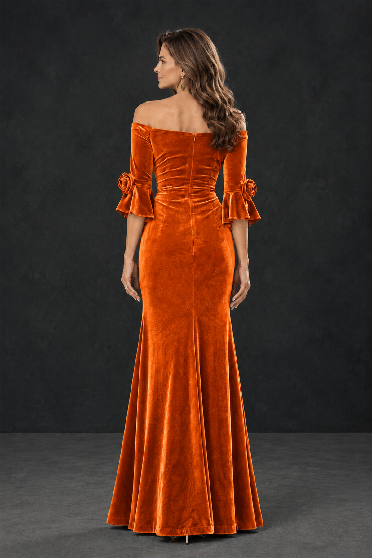 BOLODOO Orange Velvet Mother of the Bride Dress with Rosette Sleeves - Orange - Orange_2
