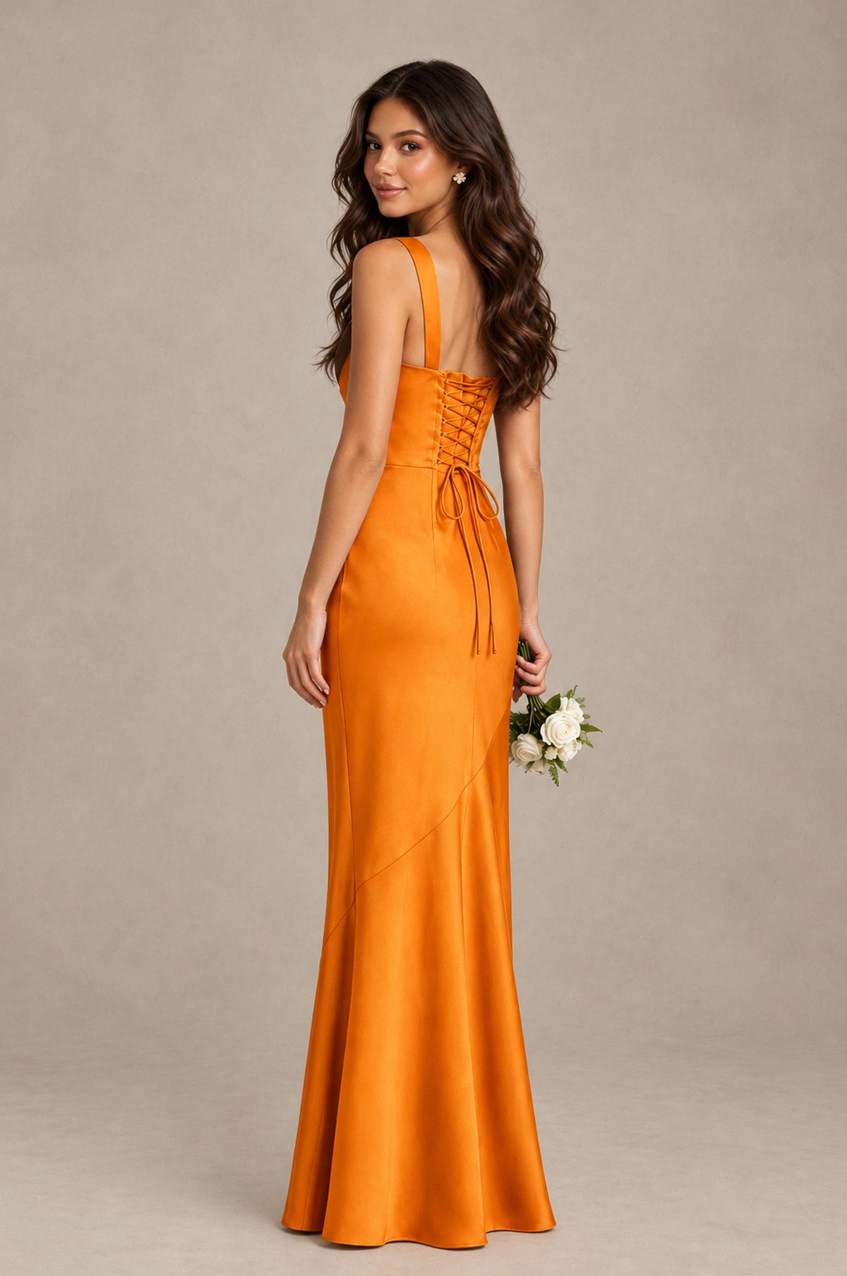 BOLODOO Orange Square Neck Ruched Satin Lace-Up Bridesmaid Dress - Orange - Orange_2