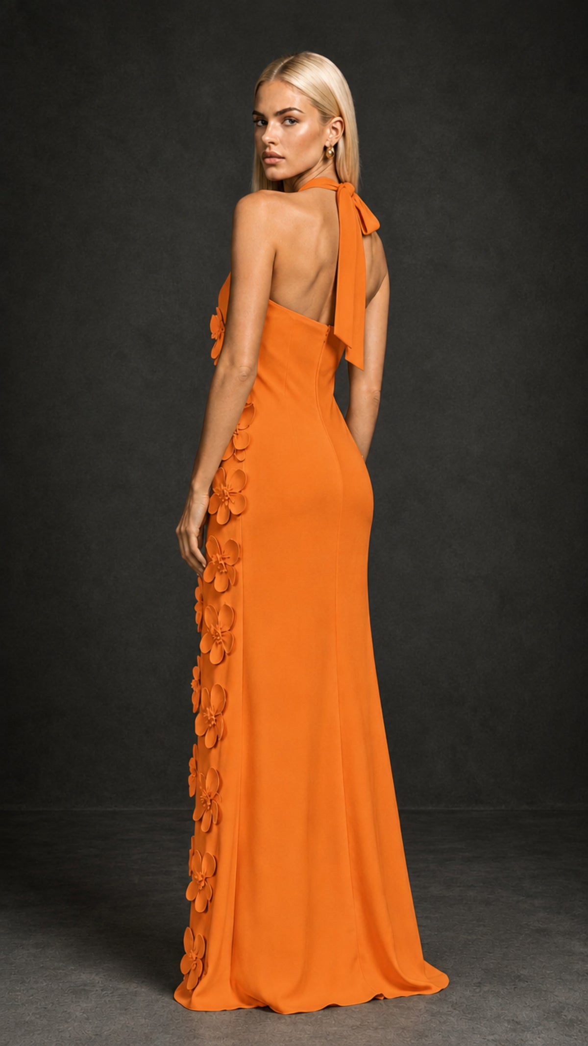 BOLODOO Orange Cross Halter Neck 3D Floral Appliqué Backless Mermaid Maxi Gown - Orange