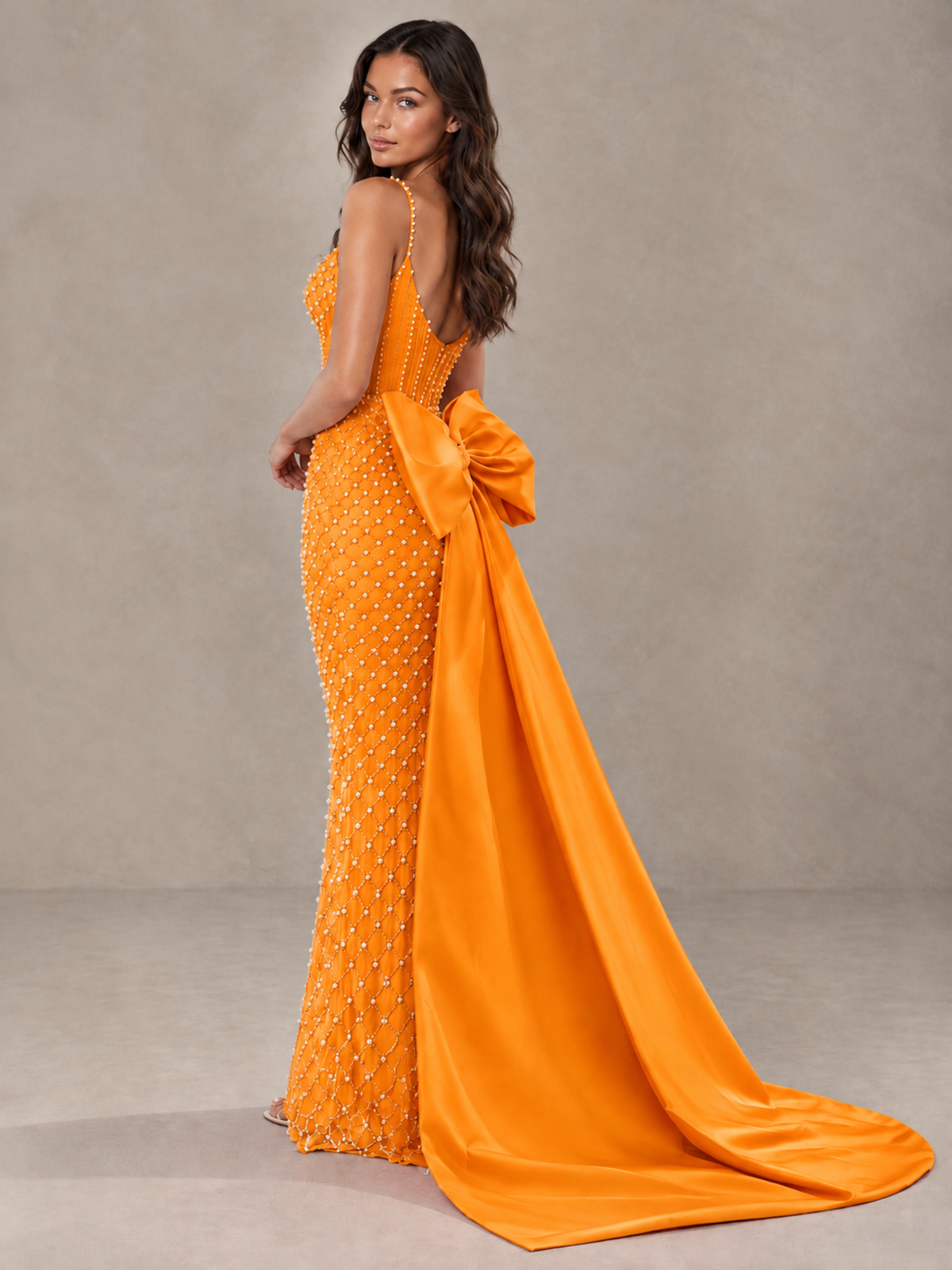 BOLODOO Orange Beaded Corset Prom Dress with Bow Train - Orange - Orange_2