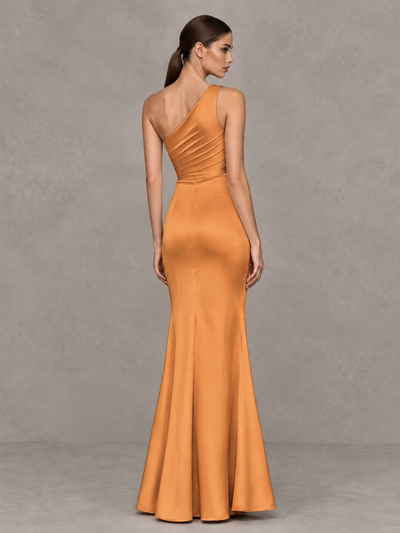 BOLODOO Orange One-Shoulder Ruched Satin-Look Evening Gown with High Slit - Orange - Orange_2